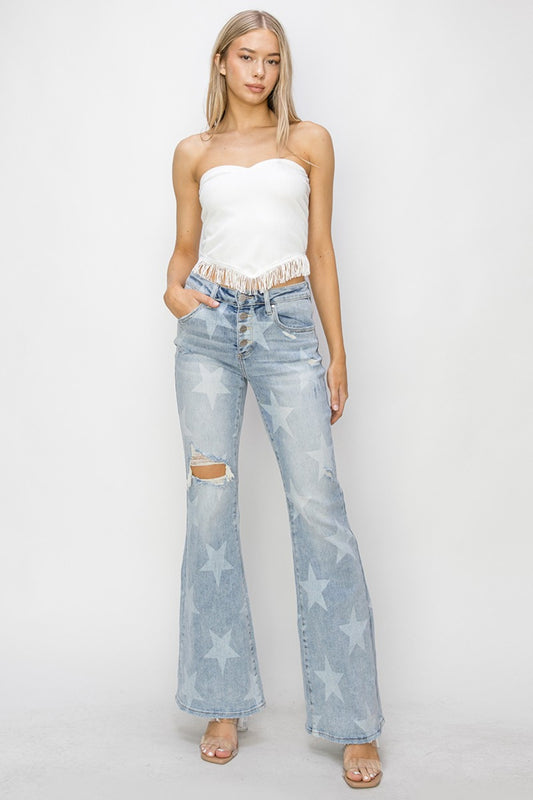 RISEN Mid Rise Button Fly Start Print Flare Jeans - Raised On Prayers & Touchdowns 