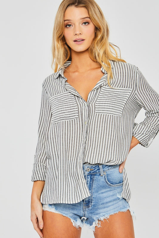 Striped Collared Neck Long Sleeve Shirt - Raised On Prayers & Touchdowns 