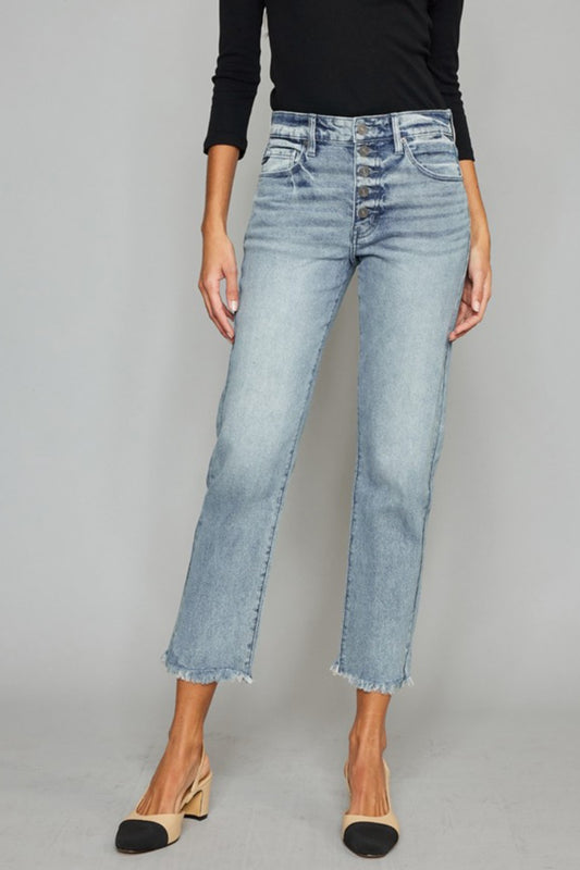 KanCan High Waist Button Fly Raw Hem Cropped Straight Jeans - Raised On Prayers & Touchdowns 